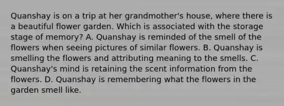 Quanshay is on a trip at her grandmother's house, where there is a beautiful flower garden. Which is associated with the storage stage of memory? A. Quanshay is reminded of the smell of the flowers when seeing pictures of similar flowers. B. Quanshay is smelling the flowers and attributing meaning to the smells. C. Quanshay's mind is retaining the scent information from the flowers. D. Quanshay is remembering what the flowers in the garden smell like.