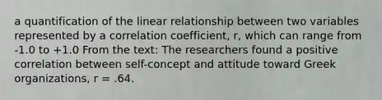 a quantification of the linear relationship between two variables represented by a correlation coefficient, r, which can range from -1.0 to +1.0 From the text: The researchers found a positive correlation between self-concept and attitude toward Greek organizations, r = .64.