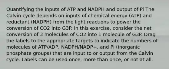 Quantifying the inputs of ATP and NADPH and output of Pi The Calvin cycle depends on inputs of chemical energy (ATP) and reductant (NADPH) from the light reactions to power the conversion of CO2 into G3P. In this exercise, consider the net conversion of 3 molecules of CO2 into 1 molecule of G3P. Drag the labels to the appropriate targets to indicate the numbers of molecules of ATP/ADP, NADPH/NADP+, and Pi (inorganic phosphate groups) that are input to or output from the Calvin cycle. Labels can be used once, more than once, or not at all.