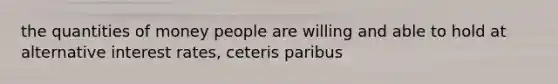 the quantities of money people are willing and able to hold at alternative interest rates, ceteris paribus