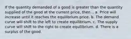 If the quantity demanded of a good is greater than the quantity supplied of the good at the current price, then... a. Price will increase until it reaches the equilibrium price. b. The demand curve will shift to the left to create equilibrium. c. The supply curve will shift to the right to create equilibrium. d. There is a surplus of the good.