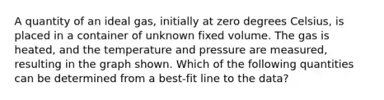 A quantity of an ideal gas, initially at zero degrees Celsius, is placed in a container of unknown fixed volume. The gas is heated, and the temperature and pressure are measured, resulting in the graph shown. Which of the following quantities can be determined from a best-fit line to the data?