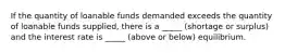 If the quantity of loanable funds demanded exceeds the quantity of loanable funds supplied, there is a _____ (shortage or surplus) and the interest rate is _____ (above or below) equilibrium.