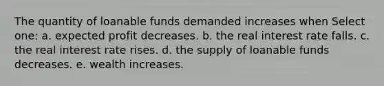 The quantity of loanable funds demanded increases when Select one: a. expected profit decreases. b. the real interest rate falls. c. the real interest rate rises. d. the supply of loanable funds decreases. e. wealth increases.