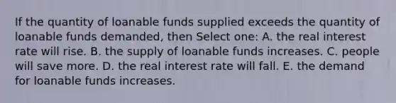 If the quantity of loanable funds supplied exceeds the quantity of loanable funds demanded, then Select one: A. the real interest rate will rise. B. the supply of loanable funds increases. C. people will save more. D. the real interest rate will fall. E. the demand for loanable funds increases.