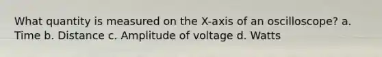 What quantity is measured on the X-axis of an oscilloscope? a. Time b. Distance c. Amplitude of voltage d. Watts