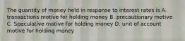 The quantity of money held in response to interest rates is A. transactions motive for holding money B. precautionary motive C. Speculative motive for holding money D. unit of account motive for holding money