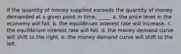 If the quantity of money supplied exceeds the quantity of money demanded at a given point in time, _____ a. the price level in the economy will fall. b. the equilibrium interest rate will increase. c. the equilibrium interest rate will fall. d. the money demand curve will shift to the right. e. the money demand curve will shift to the left.