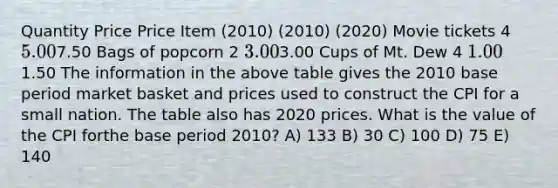 Quantity Price Price Item (2010) (2010) (2020) Movie tickets 4 5.007.50 Bags of popcorn 2 3.003.00 Cups of Mt. Dew 4 1.001.50 The information in the above table gives the 2010 base period market basket and prices used to construct the CPI for a small nation. The table also has 2020 prices. What is the value of the CPI forthe base period 2010? A) 133 B) 30 C) 100 D) 75 E) 140