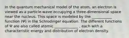 In the quantum mechanical model of the atom, an electron is viewed as a particle-wave occupying a three-dimensional space near the nucleus. This space is modeled by the ___________ function (Ψ) in the Schrodinger equation. The different functions of Ψ are also called atomic _____________ , each with a characteristic energy and distribution of electron density.