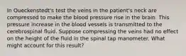 In Queckenstedt's test the veins in the patient's neck are compressed to make the blood pressure rise in the brain. This pressure increase in the blood vessels is transmitted to the cerebrospinal fluid. Suppose compressing the veins had no effect on the height of the fluid in the spinal tap manometer. What might account for this result?