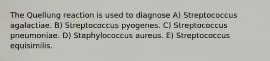 The Quellung reaction is used to diagnose A) Streptococcus agalactiae. B) Streptococcus pyogenes. C) Streptococcus pneumoniae. D) Staphylococcus aureus. E) Streptococcus equisimilis.