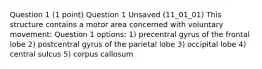 Question 1 (1 point) Question 1 Unsaved (11_01_01) This structure contains a motor area concerned with voluntary movement: Question 1 options: 1) precentral gyrus of the frontal lobe 2) postcentral gyrus of the parietal lobe 3) occipital lobe 4) central sulcus 5) corpus callosum