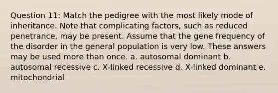 Question 11: Match the pedigree with the most likely mode of inheritance. Note that complicating factors, such as reduced penetrance, may be present. Assume that the gene frequency of the disorder in the general population is very low. These answers may be used more than once. a. autosomal dominant b. autosomal recessive c. X-linked recessive d. X-linked dominant e. mitochondrial