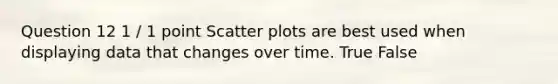 Question 12 1 / 1 point Scatter plots are best used when displaying data that changes over time. True False