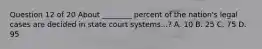 Question 12 of 20 About ________ percent of the nation's legal cases are decided in state court systems...? A. 10 B. 25 C. 75 D. 95