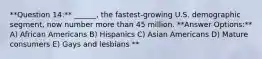 **Question 14:** ______, the fastest-growing U.S. demographic segment, now number more than 45 million. **Answer Options:** A) African Americans B) Hispanics C) Asian Americans D) Mature consumers E) Gays and lesbians **