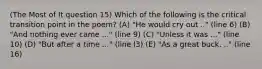 (The Most of It question 15) Which of the following is the critical transition point in the poem? (A) "He would cry out .." (line 6) (B) "And nothing ever came ..." (line 9) (C) "Unless it was ..." (line 10) (D) "But after a time ..." (line l3) (E) "As a great buck. .." (line 16)