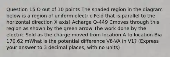 Question 15 O out of 10 points The shaded region in the diagram below is a region of uniform electric Feld that is parallel to the horizontal direction X axis) Acharge Q-449 Cmoves through this region as shown by the green arrow The work done by the electric Sold as the charge moved from location A to location Bia 170.62 mWhat is the potential difference V8-VA in V1? (Express your answer to 3 decimal places, with no units)