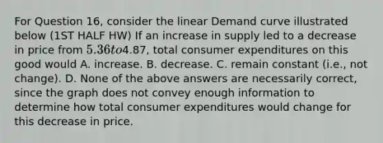 For Question 16, consider the linear <a href='https://www.questionai.com/knowledge/ka2tUMvON2-demand-curve' class='anchor-knowledge'>demand curve</a> illustrated below (1ST HALF HW) If an increase in supply led to a decrease in price from 5.36 to4.87, total consumer expenditures on this good would A. increase. B. decrease. C. remain constant (i.e., not change). D. None of the above answers are necessarily correct, since the graph does not convey enough information to determine how total consumer expenditures would change for this decrease in price.