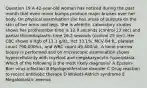 Question 19 A 42-year-old woman has noticed during the past month that even minor bumps produce major bruises over her body. On physical examination she has areas of purpura on the skin of her arms and legs. She is afebrile. Laboratory studies shows her prothrombin time is 12.9 seconds (control 13 sec) and partial thromboplastin time 26.2 seconds (control 25 sec). Her CBC shows a Hgb of 11.1 g/dL, Hct 33.1%, MCV 84 fL, platelet count 790,000/uL, and WBC count 45,400/uL. A bone marrow biopsy is performed and on microscopic examination shows hypercellularity with myeloid and megakaryocytic hyperplasia. Which of the following is the most likely diagnosis? A Epstein-Barr virus infection B Myeloproliferative disorder C Drug reaction to recent antibiotic therapy D Wiskott-Aldrich syndrome E Megaloblastic anemia