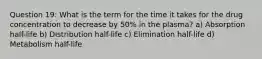 Question 19: What is the term for the time it takes for the drug concentration to decrease by 50% in the plasma? a) Absorption half-life b) Distribution half-life c) Elimination half-life d) Metabolism half-life