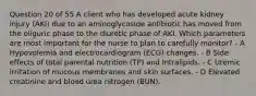 Question 20 of 55 A client who has developed acute kidney injury (AKI) due to an aminoglycoside antibiotic has moved from the oliguric phase to the diuretic phase of AKI. Which parameters are most important for the nurse to plan to carefully monitor? - A Hypovolemia and electrocardiogram (ECG) changes. - B Side effects of total parental nutrition (TP) and Intralipids. - C Uremic irritation of mucous membranes and skin surfaces. - D Elevated creatinine and blood urea nitrogen (BUN).