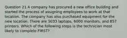 Question 21 A company has procured a new office building and started the process of assigning employees to work at that location. The company has also purchased equipment for the new location. There are 5033 laptops, 6000 monitors, and 857 printers. Which of the following steps is the technician most likely to complete FIRST?