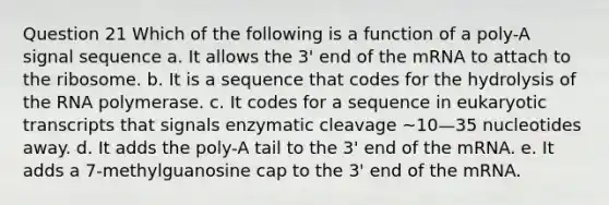 Question 21 Which of the following is a function of a poly-A signal sequence a. It allows the 3' end of the mRNA to attach to the ribosome. b. It is a sequence that codes for the hydrolysis of the RNA polymerase. c. It codes for a sequence in eukaryotic transcripts that signals enzymatic cleavage ~10—35 nucleotides away. d. It adds the poly-A tail to the 3' end of the mRNA. e. It adds a 7-methylguanosine cap to the 3' end of the mRNA.