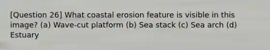 [Question 26] What coastal erosion feature is visible in this image? (a) Wave-cut platform (b) Sea stack (c) Sea arch (d) Estuary