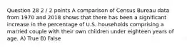 Question 28 2 / 2 points A comparison of Census Bureau data from 1970 and 2018 shows that there has been a significant increase in the percentage of U.S. households comprising a married couple with their own children under eighteen years of age. A) True B) False