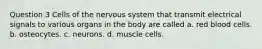 Question 3 Cells of the nervous system that transmit electrical signals to various organs in the body are called a. red blood cells. b. osteocytes. c. neurons. d. muscle cells.