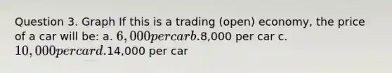 Question 3. Graph If this is a trading (open) economy, the price of a car will be: a. 6,000 per car b.8,000 per car c. 10,000 per car d.14,000 per car