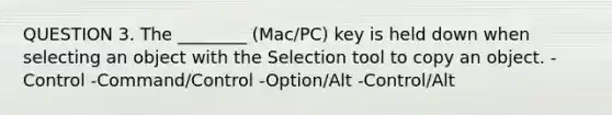 QUESTION 3. The ________ (Mac/PC) key is held down when selecting an object with the Selection tool to copy an object. -Control -Command/Control -Option/Alt -Control/Alt