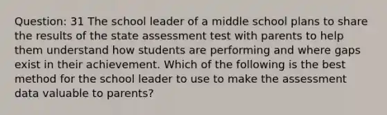 Question: 31 The school leader of a middle school plans to share the results of the state assessment test with parents to help them understand how students are performing and where gaps exist in their achievement. Which of the following is the best method for the school leader to use to make the assessment data valuable to parents?