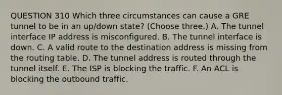 QUESTION 310 Which three circumstances can cause a GRE tunnel to be in an up/down state? (Choose three.) A. The tunnel interface IP address is misconfigured. B. The tunnel interface is down. C. A valid route to the destination address is missing from the routing table. D. The tunnel address is routed through the tunnel itself. E. The ISP is blocking the traffic. F. An ACL is blocking the outbound traffic.