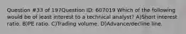 Question #33 of 197Question ID: 607019 Which of the following would be of least interest to a technical analyst? A)Short interest ratio. B)PE ratio. C)Trading volume. D)Advance/decline line.