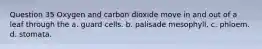 Question 35 Oxygen and carbon dioxide move in and out of a leaf through the a. guard cells. b. palisade mesophyll. c. phloem. d. stomata.