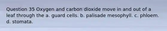 Question 35 Oxygen and carbon dioxide move in and out of a leaf through the a. guard cells. b. palisade mesophyll. c. phloem. d. stomata.