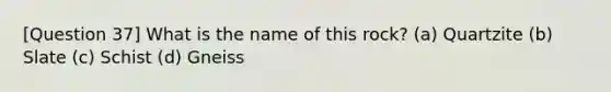 [Question 37] What is the name of this rock? (a) Quartzite (b) Slate (c) Schist (d) Gneiss
