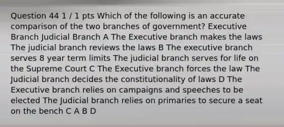 Question 44 1 / 1 pts Which of the following is an accurate comparison of the two branches of government? Executive Branch Judicial Branch A The Executive branch makes the laws The judicial branch reviews the laws B The executive branch serves 8 year term limits The judicial branch serves for life on the Supreme Court C The Executive branch forces the law The Judicial branch decides the constitutionality of laws D The Executive branch relies on campaigns and speeches to be elected The Judicial branch relies on primaries to secure a seat on the bench C A B D