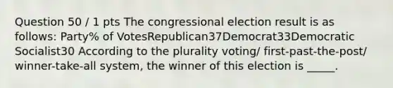 Question 50 / 1 pts The congressional election result is as follows: Party% of VotesRepublican37Democrat33Democratic Socialist30 According to the plurality voting/ first-past-the-post/ winner-take-all system, the winner of this election is _____.