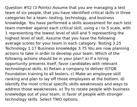 Question #52 (3 Points) Assume that you are managing a test team of six people, that you have identified critical skills in three categories for a team: testing, technology, and business knowledge. You have performed a skills assessment for each test team member against each critical skill, using a i to 5 scale, with 1 representing the lowest level of skill and 5 representing the highest level of skill. Assume that you have the following average scores for your team in each category: Testing 3.25 Technology 1.17 Business knowledge 3.75 You are now planning actions to take in order to develop your team. Which of the following actions should be in your plan? a) If a hiring opportunity presents itself, favor candidates with relevant technological skills. b) Retain a company to deliver ISTQB Foundation training to all testers. c) Make an employee skill ranking and plan to lay off those employees at the bottom. d) Identify the most critical specific skills weaknesses and ways to address those weaknesses. e) Try to rotate people with business knowledge out of your team, in favor of people with stronger technology skills. Select TWO options.