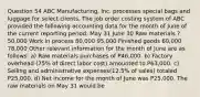 Question 54 ABC Manufacturing, Inc. processes special bags and luggage for select clients. The job order costing system of ABC provided the following accounting data for the month of June of the current reporting period: May 31 June 30 Raw materials ? 50,000 Work in process 80,000 95,000 Finished goods 60,000 78,000 Other relevant information for the month of June are as follows: a) Raw materials purchases of P46,000. b) Factory overhead (75% of direct labor cost) amounted to P63,000. c) Selling and administrative expenses(12.5% of sales) totaled P25,000. d) Net income for the month of June was P25,000. The raw materials on May 31 would be