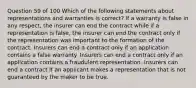 Question 59 of 100 Which of the following statements about representations and warranties is correct? If a warranty is false in any respect, the insurer can end the contract while if a representation is false, the insurer can end the contract only if the representation was important to the formation of the contract. Insurers can end a contract only if an application contains a false warranty. Insurers can end a contract only if an application contains a fraudulent representation. Insurers can end a contract if an applicant makes a representation that is not guaranteed by the maker to be true.