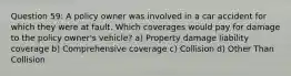 Question 59: A policy owner was involved in a car accident for which they were at fault. Which coverages would pay for damage to the policy owner's vehicle? a) Property damage liability coverage b) Comprehensive coverage c) Collision d) Other Than Collision