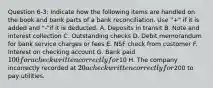 Question 6-3: Indicate how the following items are handled on the book and bank parts of a bank reconciliation. Use "+" if it is added and "-"if it is deducted. A. Deposits in transit B. Note and interest collection C. Outstanding checks D. Debit memorandum for bank service charges or fees E. NSF check from customer F. Interest on checking account G. Bank paid 100 for a check written correctly for10 H. The company incorrectly recorded at 20 a check written correctly for200 to pay utilities.