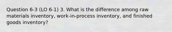 Question 6-3 (LO 6-1) 3. What is the difference among raw materials inventory, work-in-process inventory, and finished goods inventory?