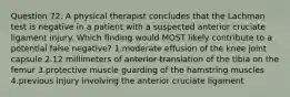 Question 72. A physical therapist concludes that the Lachman test is negative in a patient with a suspected anterior cruciate ligament injury. Which finding would MOST likely contribute to a potential false negative? 1.moderate effusion of the knee joint capsule 2.12 millimeters of anterior translation of the tibia on the femur 3.protective muscle guarding of the hamstring muscles 4.previous injury involving the anterior cruciate ligament