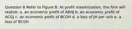 Question 8 Refer to Figure B. At profit maximization, the firm will realize: a. an economic profit of ABHJ b. an economic profit of ACGJ c. an economic profit of BCGH d. a loss of JH per unit e. a loss of BCGH